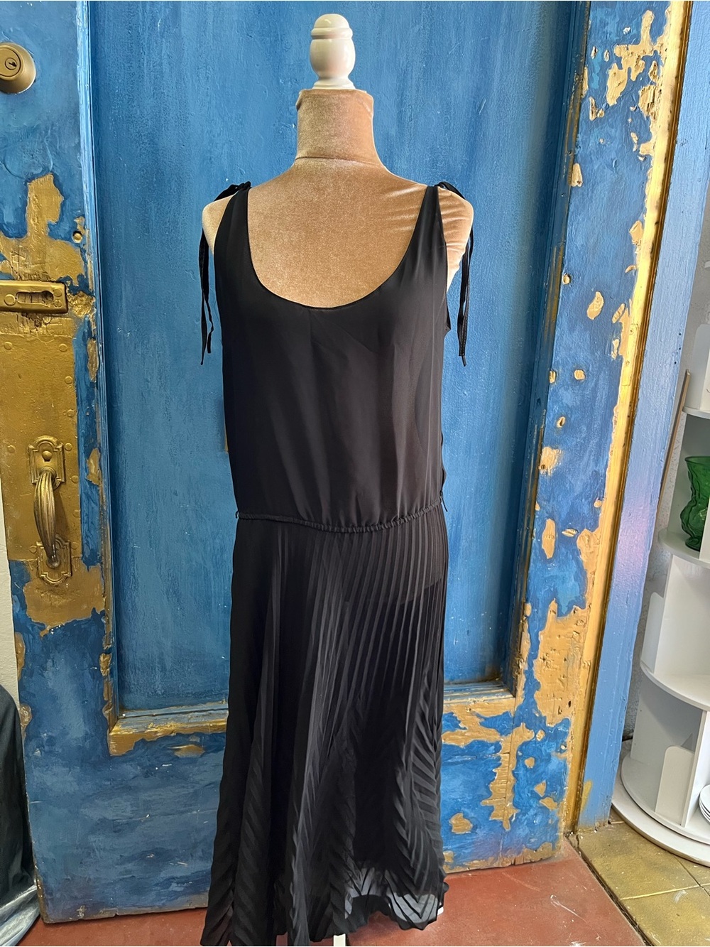 Saint Laurent Black Tie-Shoulder Pleated Midi Dress